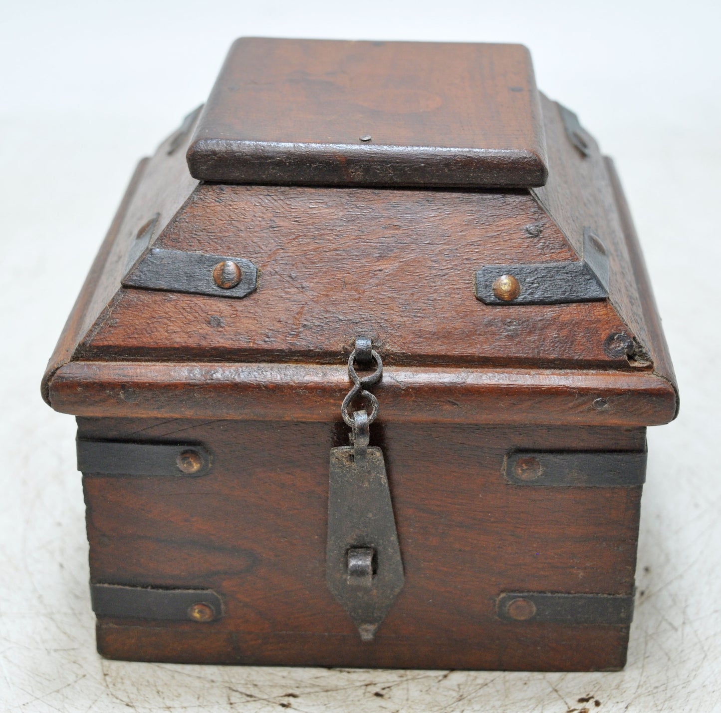 Vintage Wooden Dome Shaped Storage Box Original Old Hand Crafted Metal Fitted
