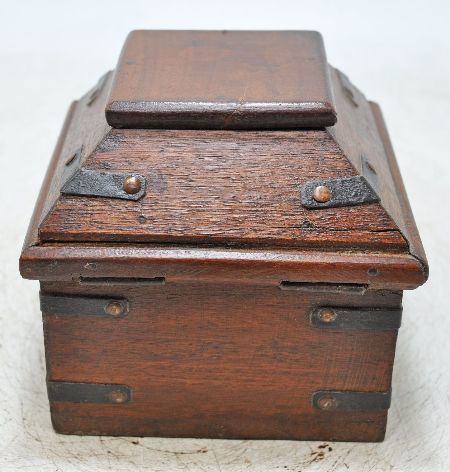 Vintage Wooden Dome Shaped Storage Box Original Old Hand Crafted Metal Fitted