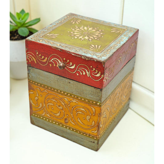 Vintage Wooden Square Storage Box Original Old Hand Crafted Painted