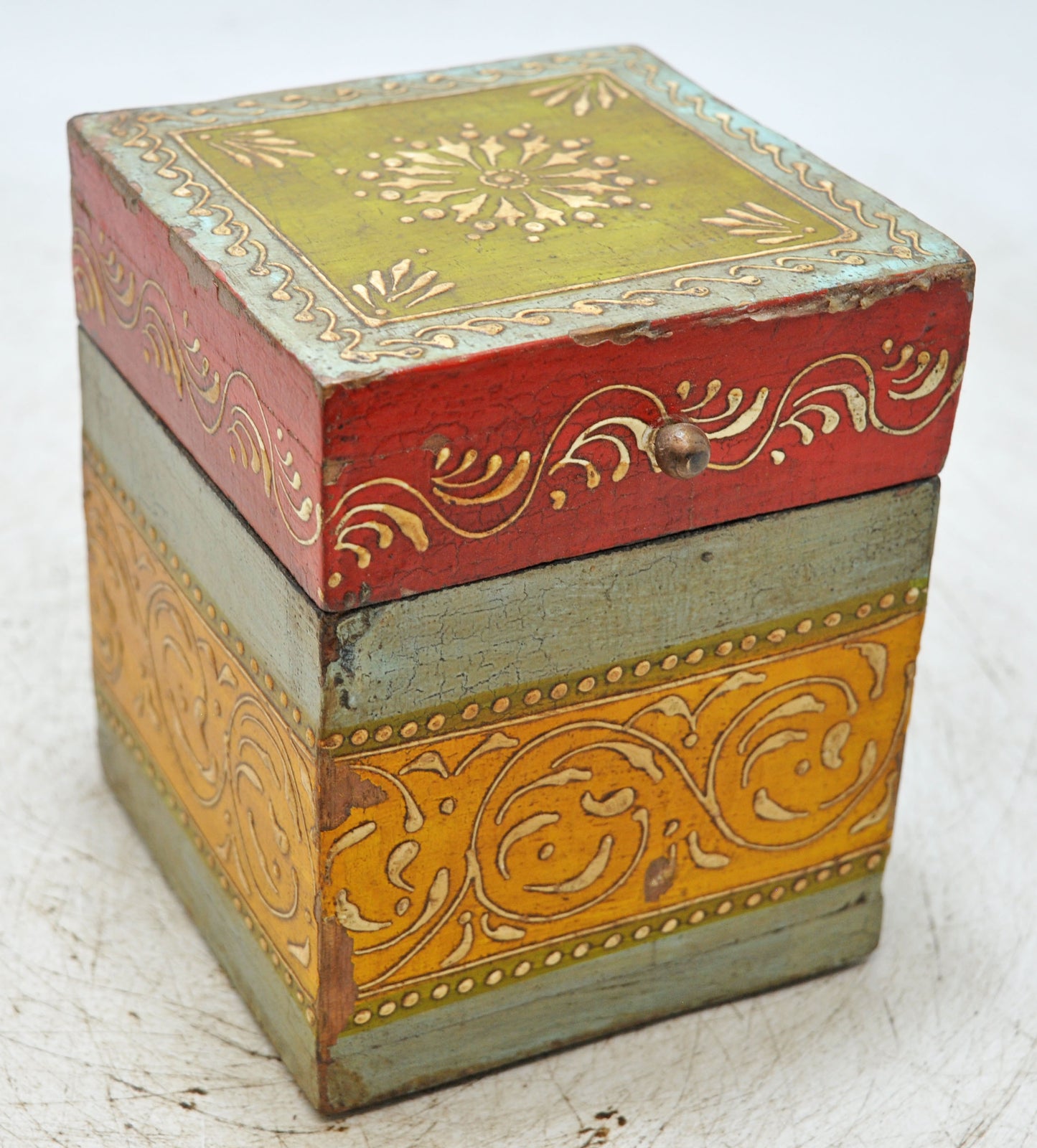Vintage Wooden Square Storage Box Original Old Hand Crafted Painted