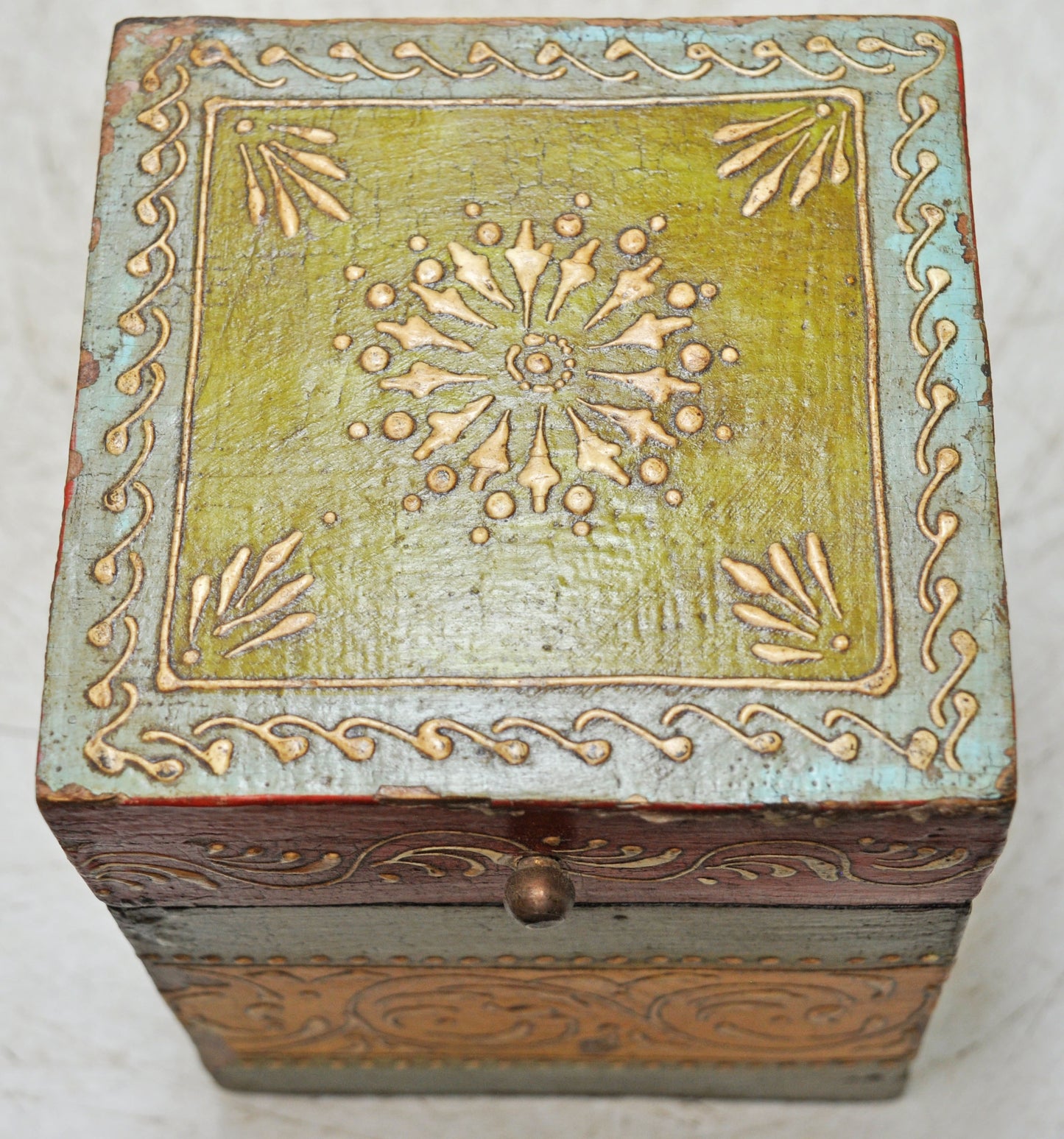Vintage Wooden Square Storage Box Original Old Hand Crafted Painted