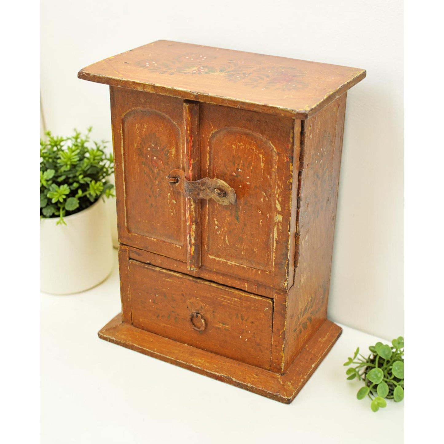 Vintage Wooden Almirah Shaped Storage Box Original Old Fine Hand Painted