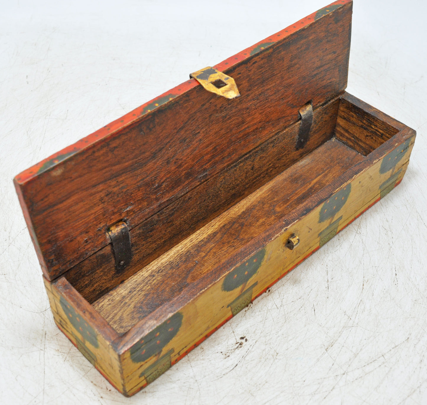 Vintage Wooden Pencil Stationary Box Original Old Hand Crafted Painted