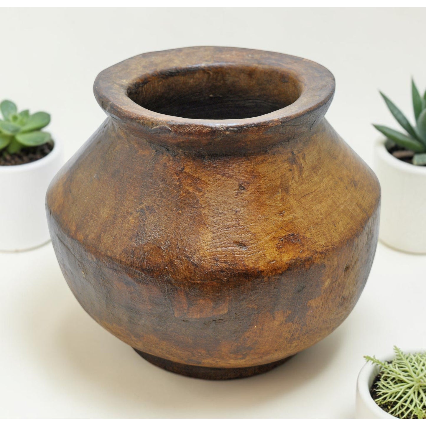 Antique Wooden Himalayan Water Storage Pot Original Old Hand Carved