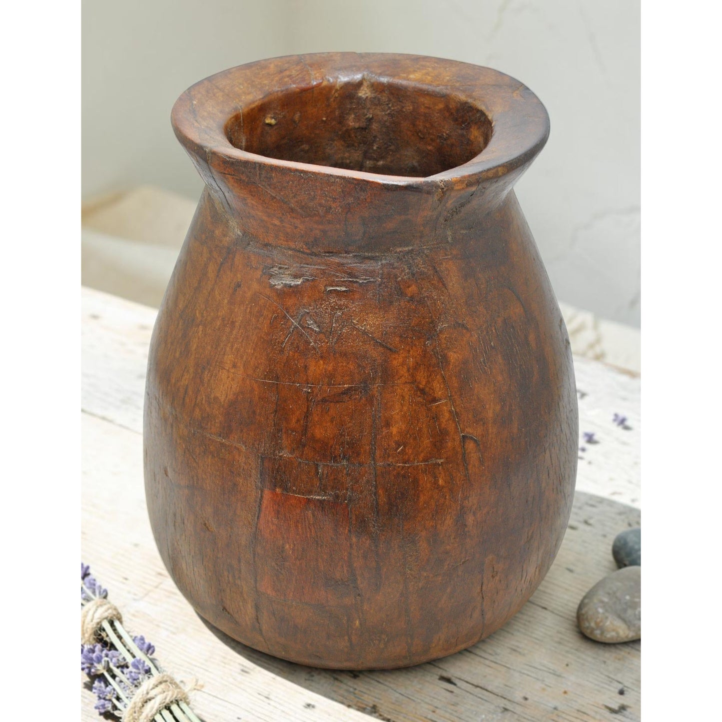 Antique Wooden Himalayan Water Storage Pot Original Old Hand Carved