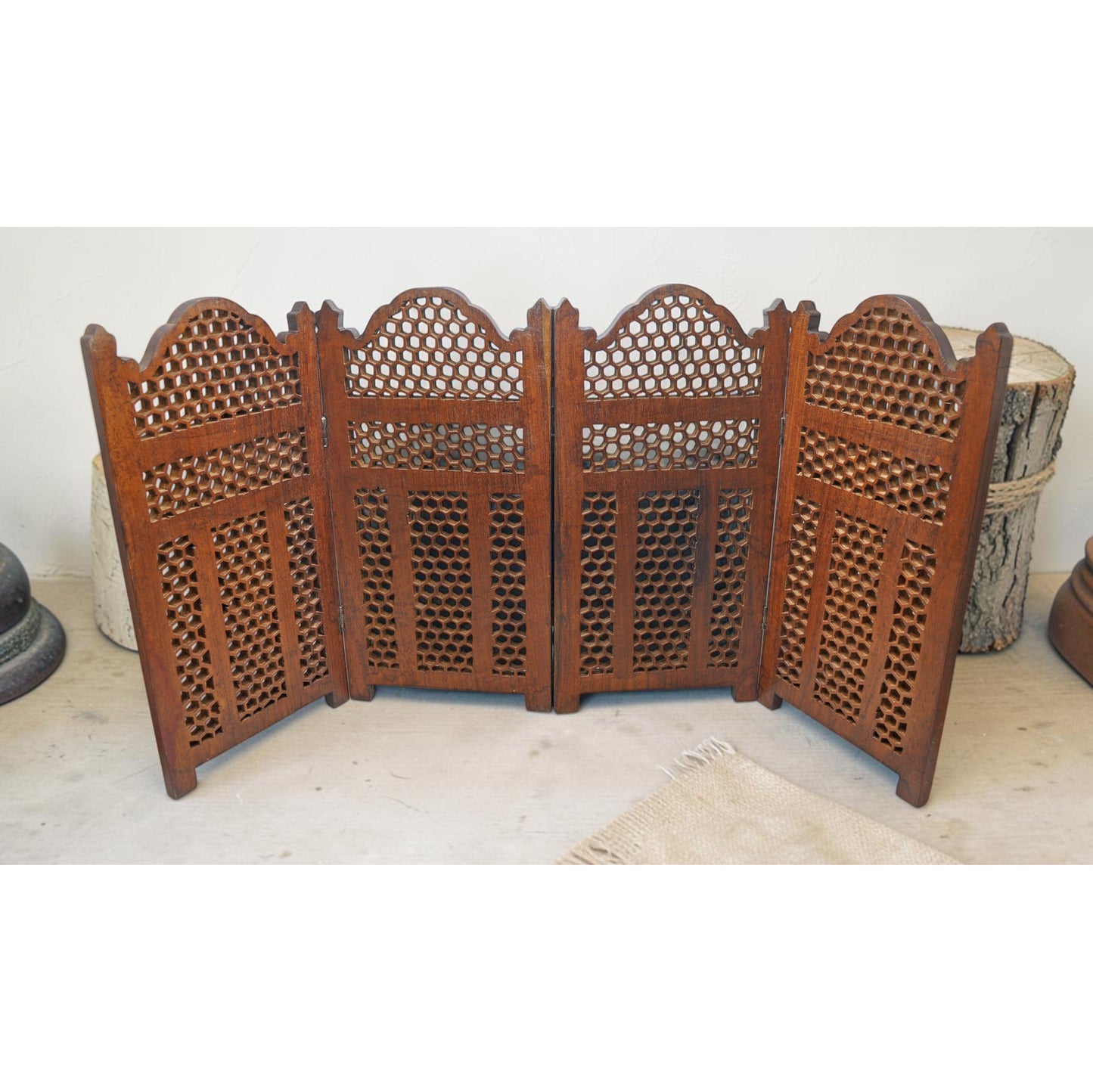 Vintage Wooden Mini Desk Screen Original Old Very Fine Hand Carved