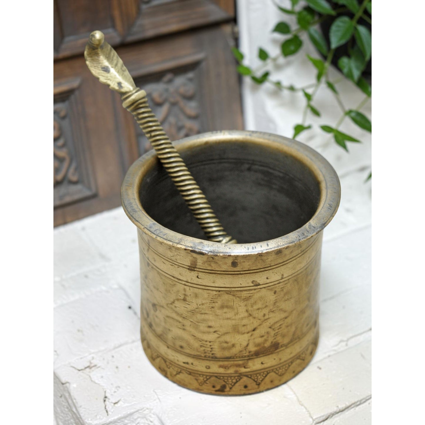 Antique Brass Holy Water Pot With Spoon Original Old Fine Hand Crafted Engraved