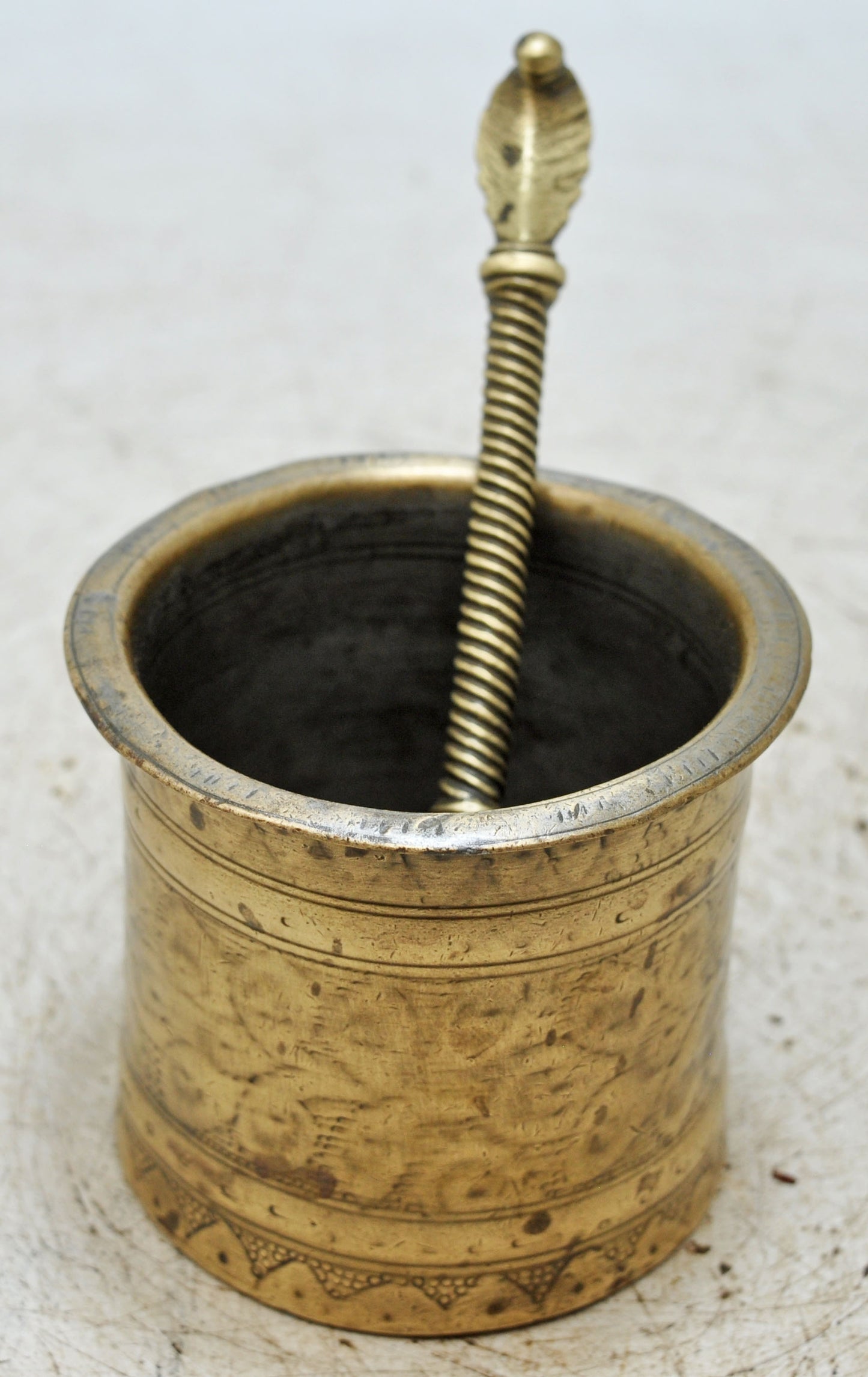 Antique Brass Holy Water Pot With Spoon Original Old Fine Hand Crafted Engraved