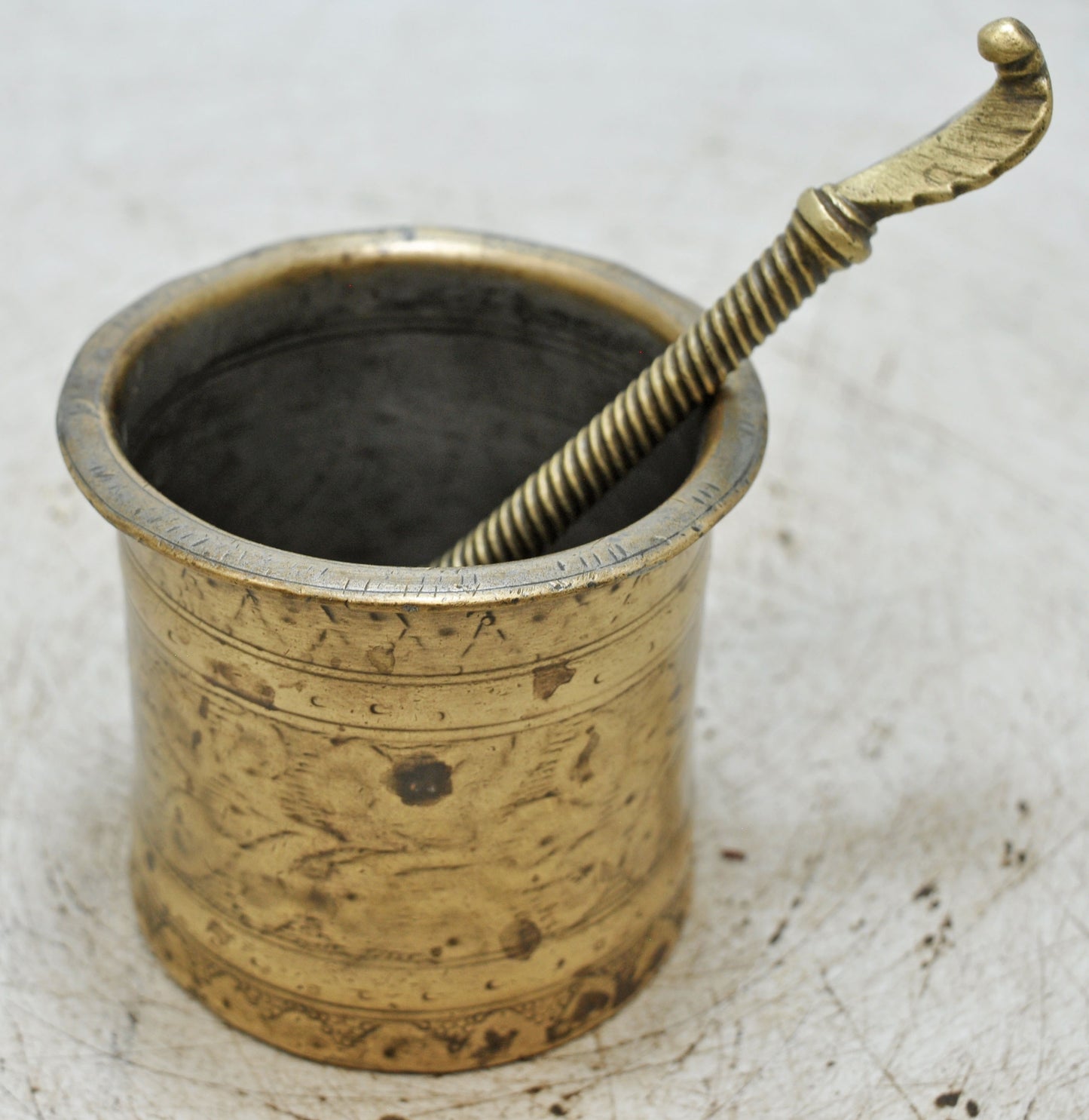 Antique Brass Holy Water Pot With Spoon Original Old Fine Hand Crafted Engraved