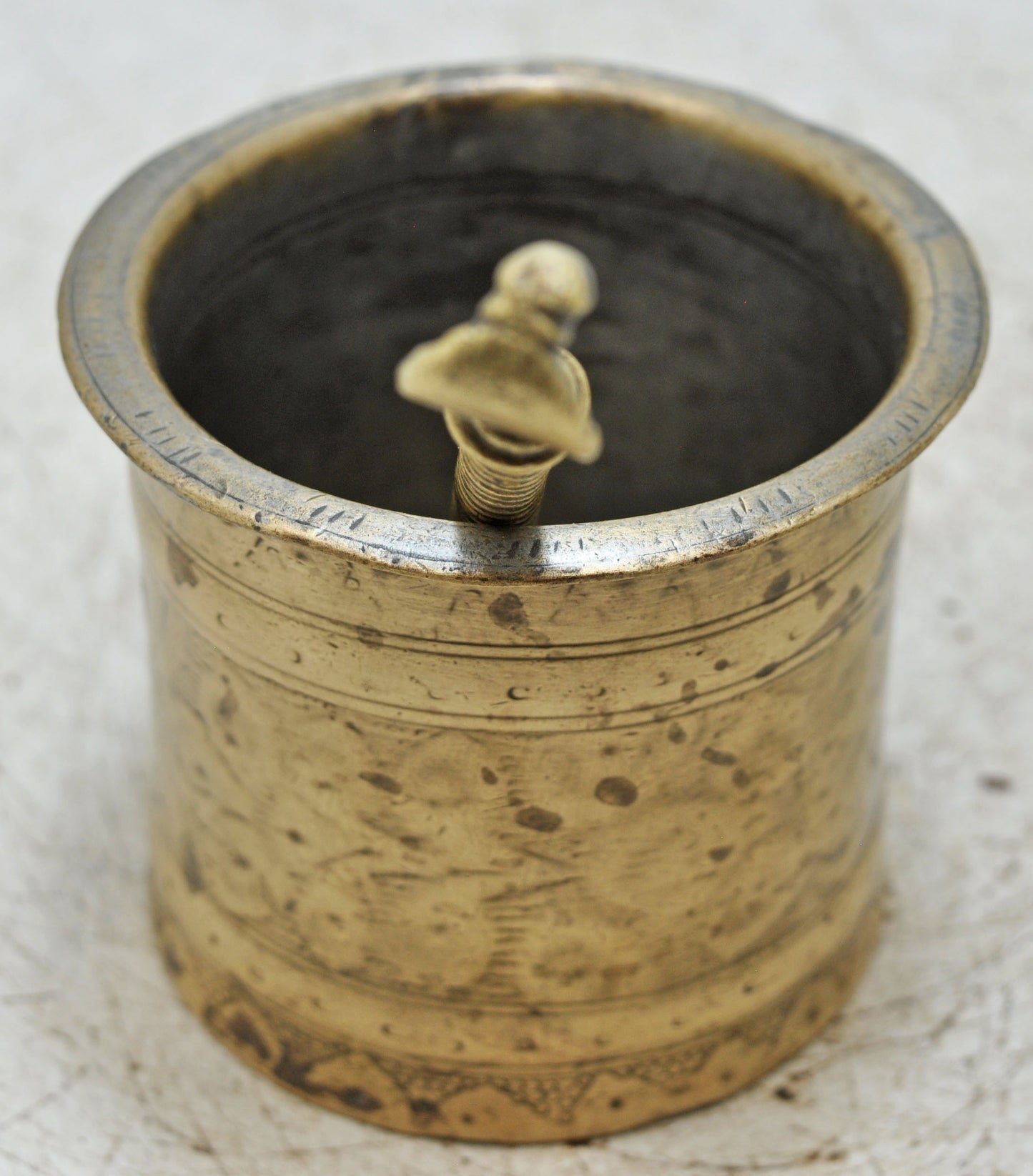 Antique Brass Holy Water Pot With Spoon Original Old Fine Hand Crafted Engraved
