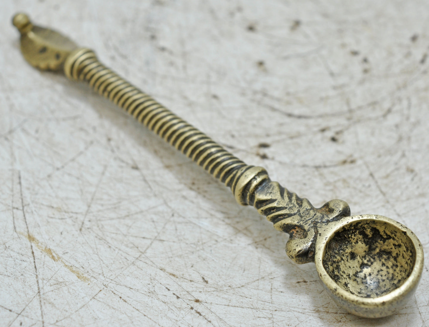 Antique Brass Holy Water Pot With Spoon Original Old Fine Hand Crafted Engraved