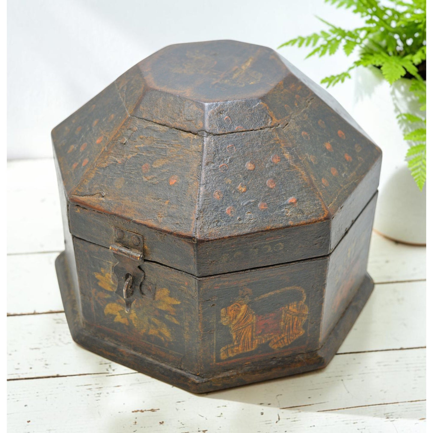 Vintage Wooden Octagonal Storage Box Original Old Hand Crafted Painted