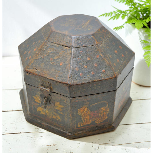 Vintage Wooden Octagonal Storage Box Original Old Hand Crafted Painted