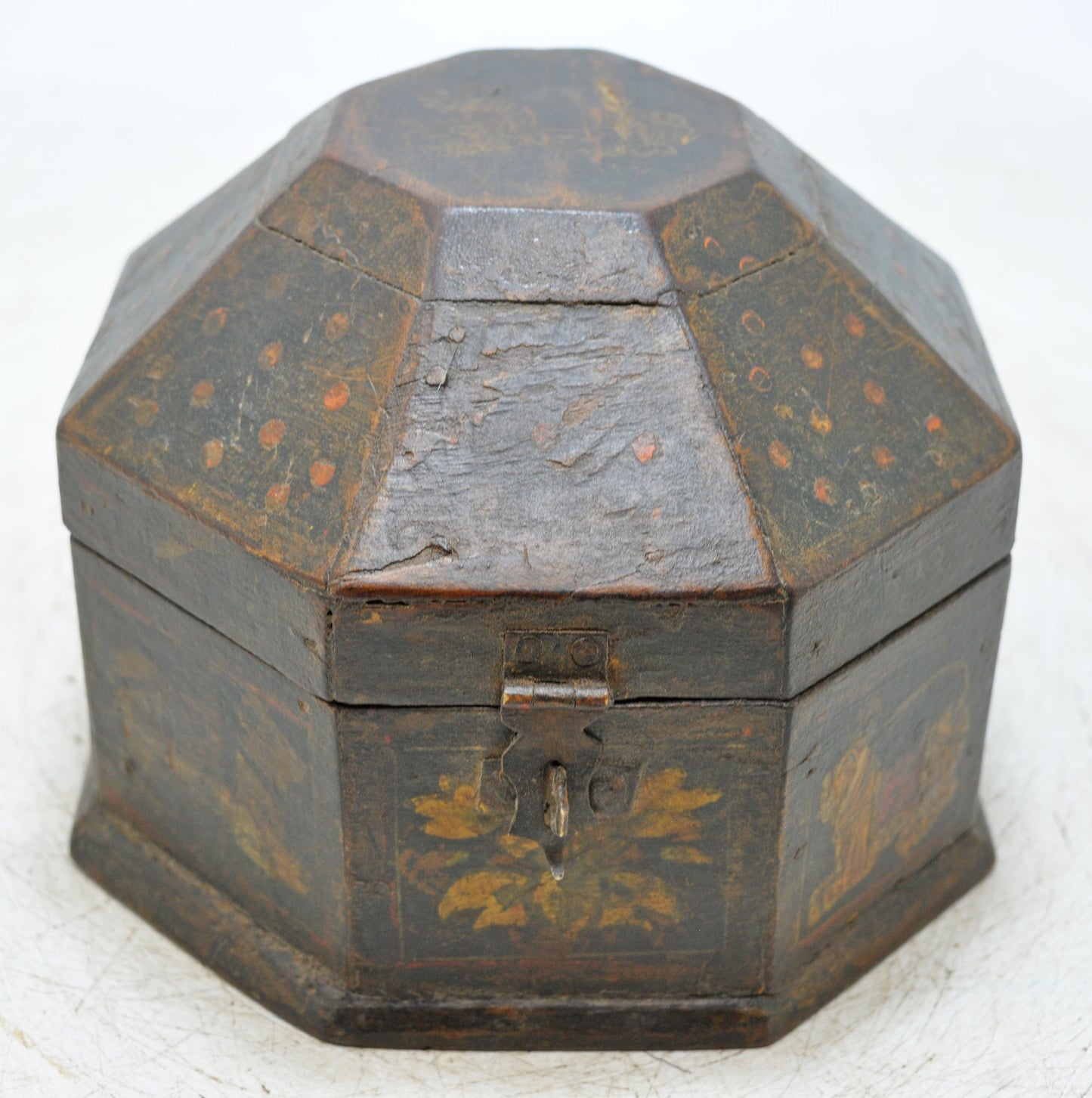 Vintage Wooden Octagonal Storage Box Original Old Hand Crafted Painted