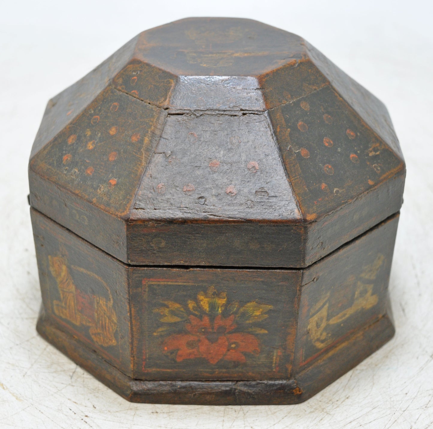 Vintage Wooden Octagonal Storage Box Original Old Hand Crafted Painted