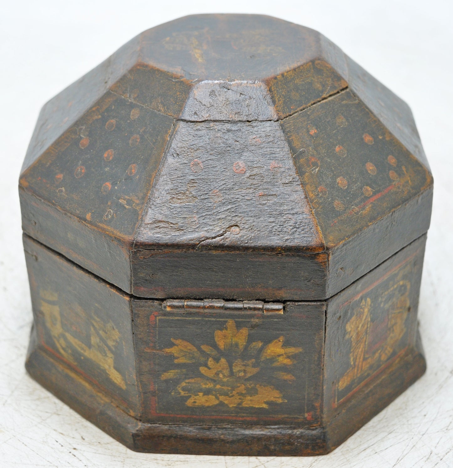 Vintage Wooden Octagonal Storage Box Original Old Hand Crafted Painted
