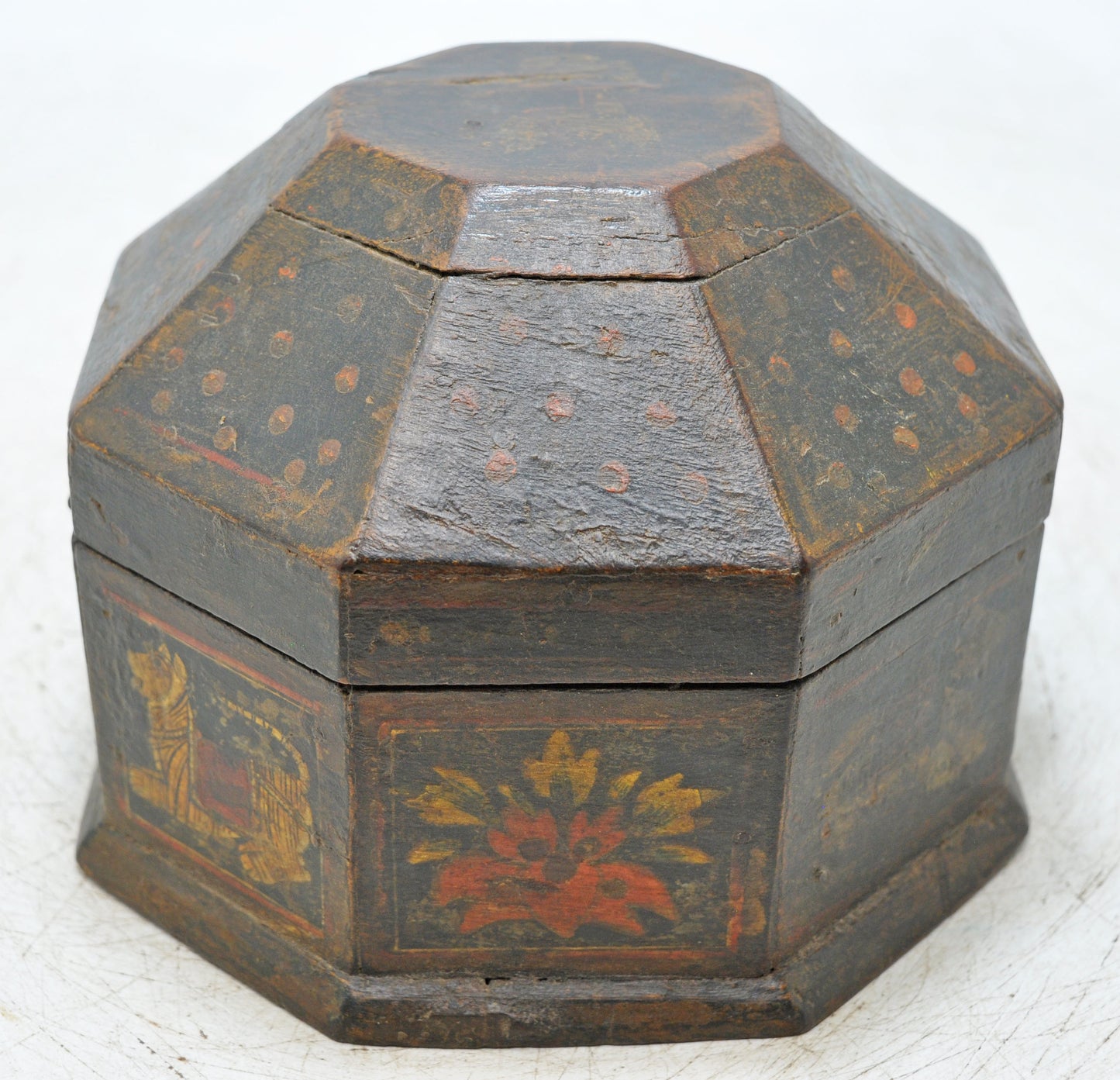 Vintage Wooden Octagonal Storage Box Original Old Hand Crafted Painted