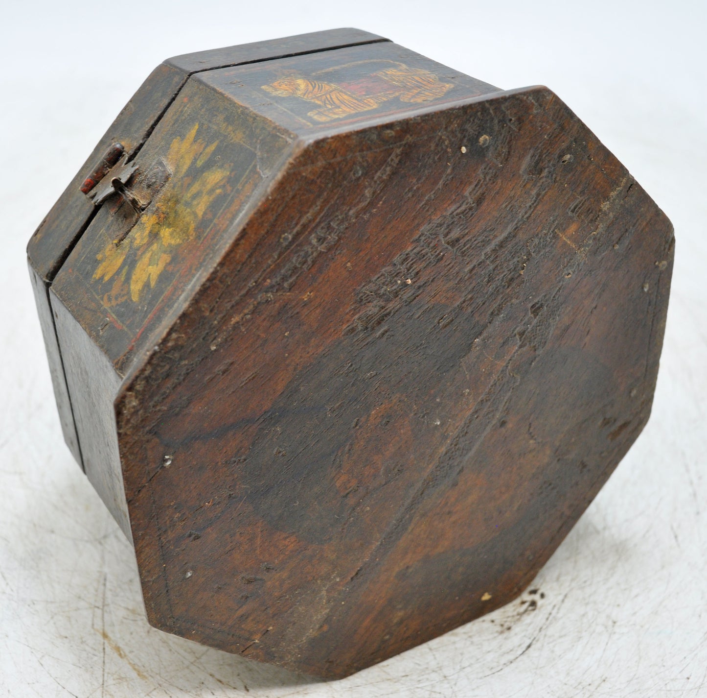 Vintage Wooden Octagonal Storage Box Original Old Hand Crafted Painted