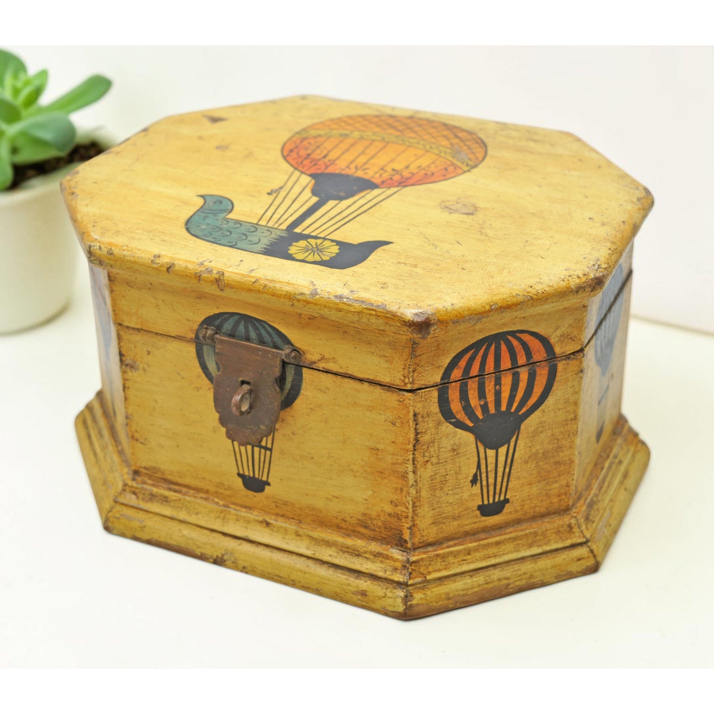 Vintage Wooden Octagonal Storage Box Original Old Hand Crafted Painted