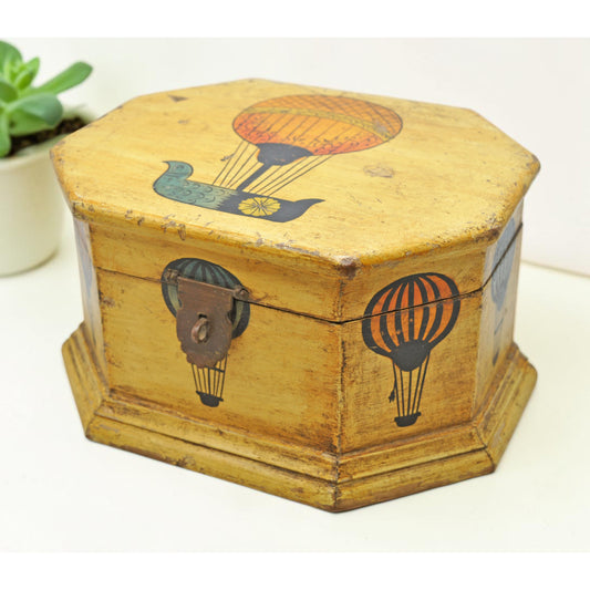 Vintage Wooden Octagonal Storage Box Original Old Hand Crafted Painted