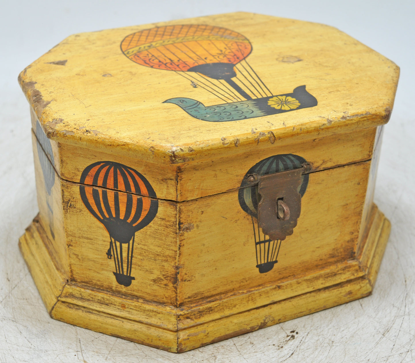 Vintage Wooden Octagonal Storage Box Original Old Hand Crafted Painted