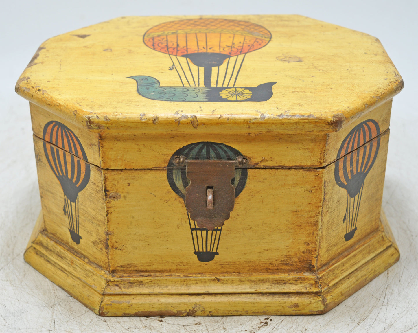 Vintage Wooden Octagonal Storage Box Original Old Hand Crafted Painted