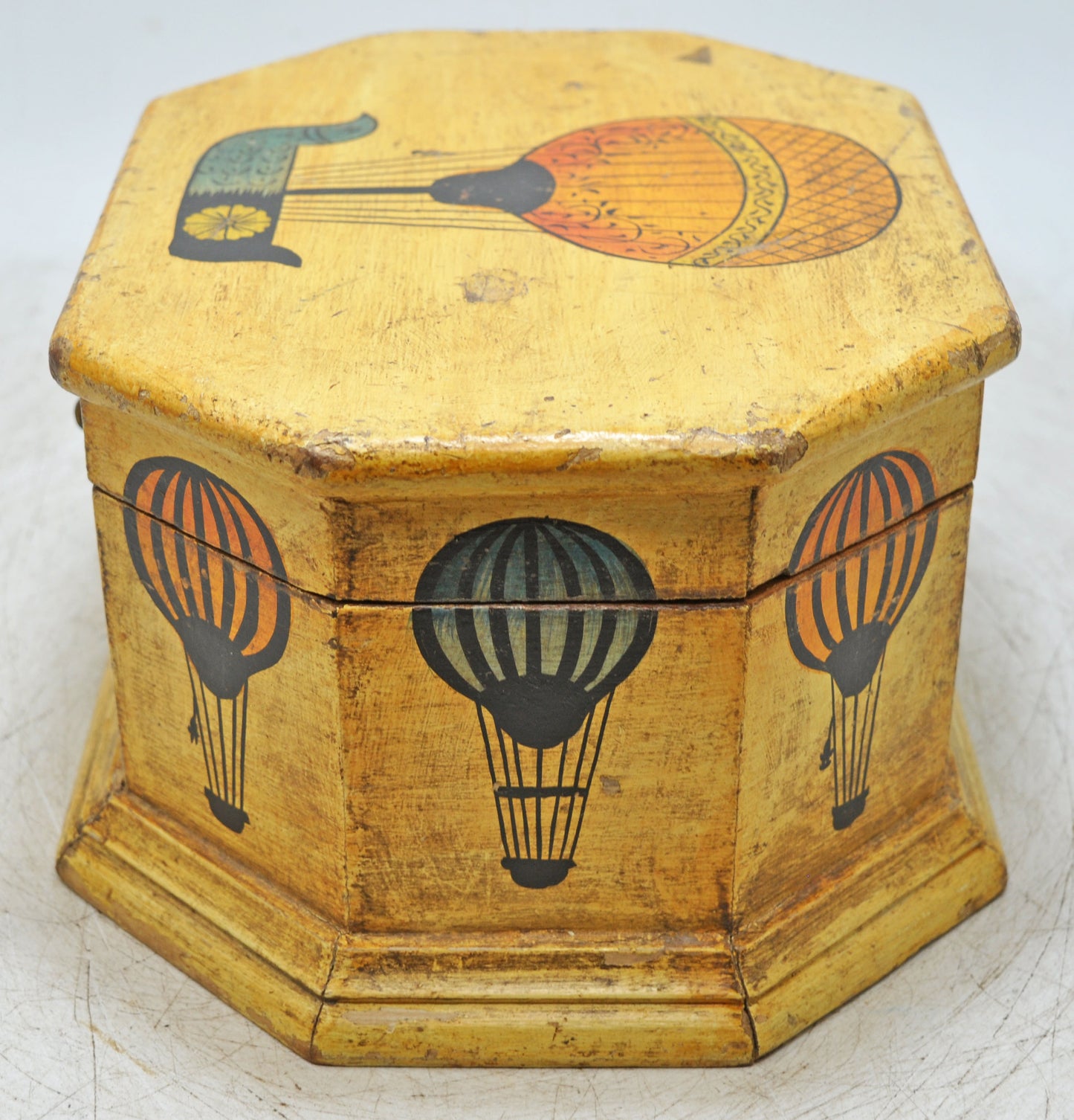 Vintage Wooden Octagonal Storage Box Original Old Hand Crafted Painted