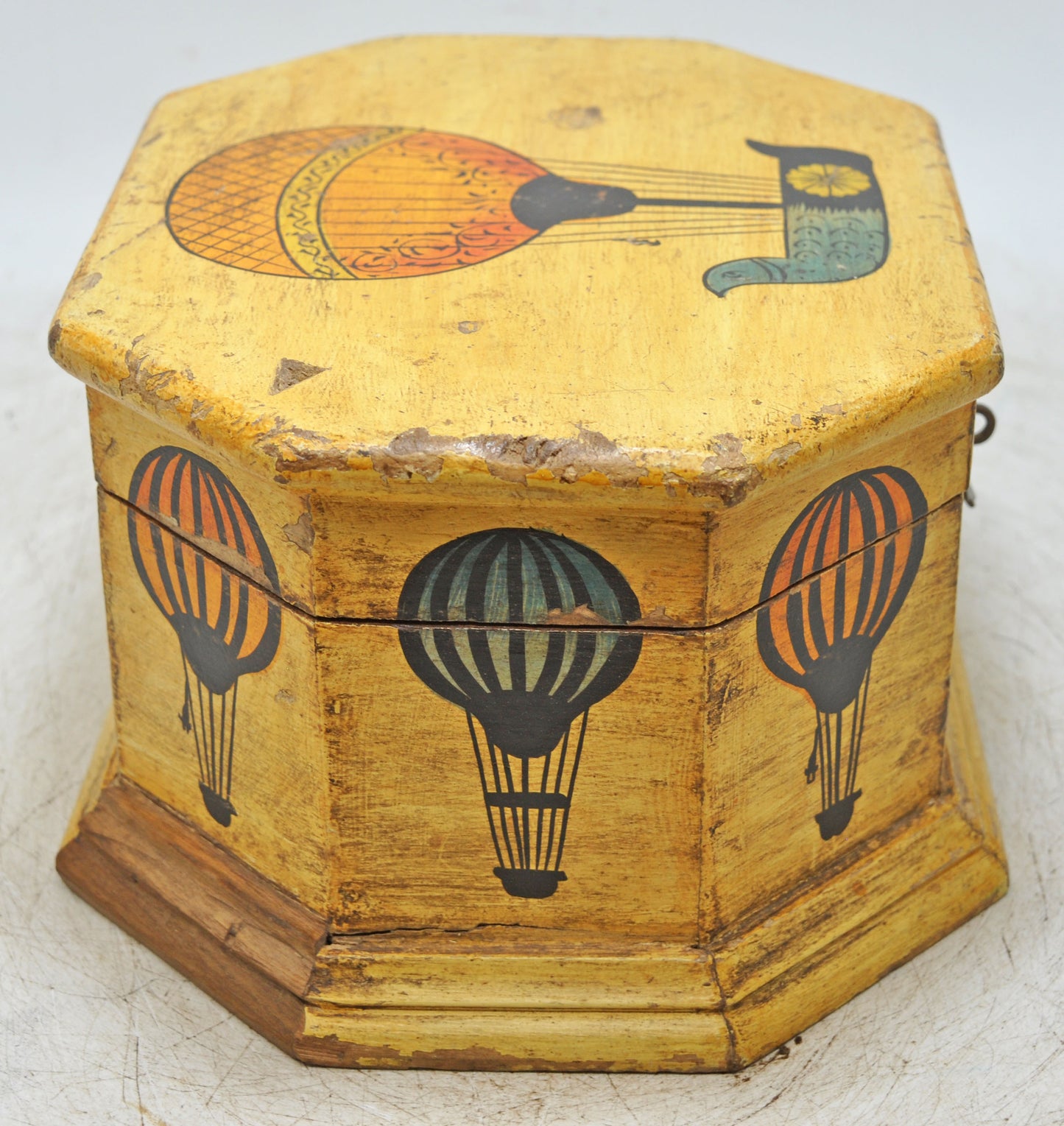 Vintage Wooden Octagonal Storage Box Original Old Hand Crafted Painted