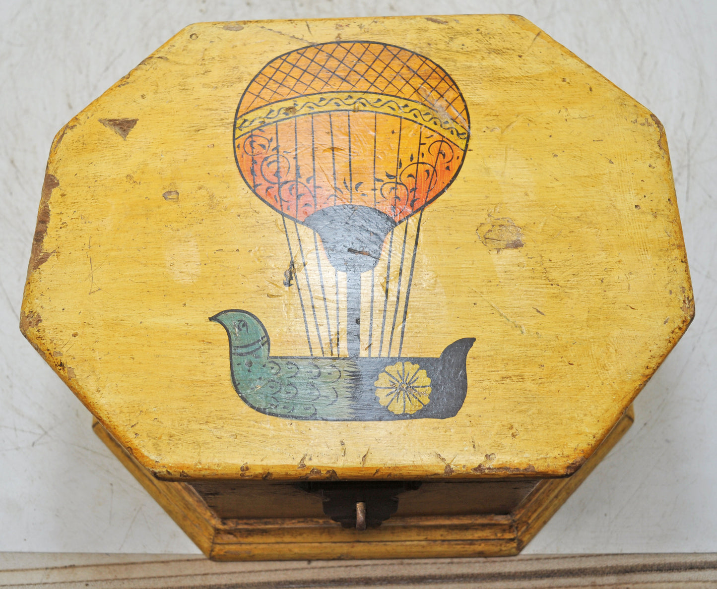 Vintage Wooden Octagonal Storage Box Original Old Hand Crafted Painted