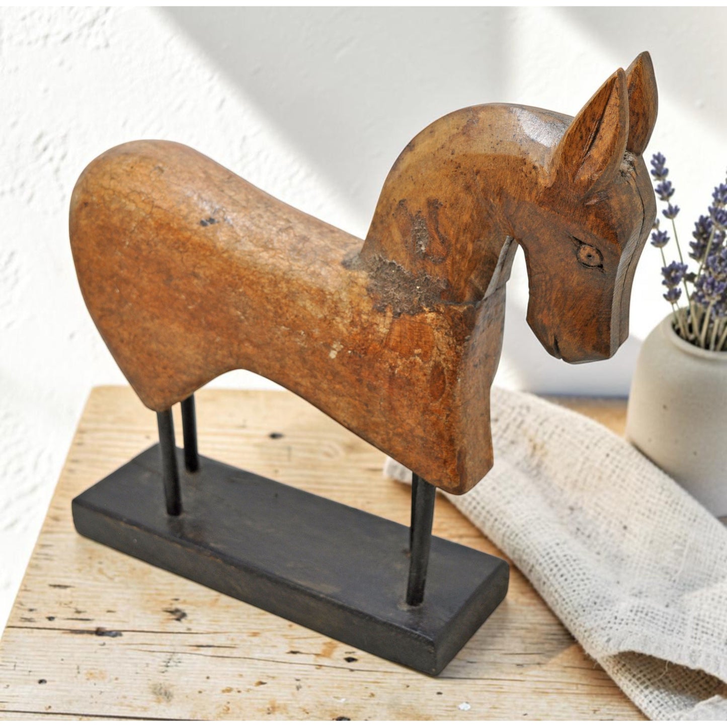 Vintage Wooden Horse Figurine on Stand Original Old Hand Carved