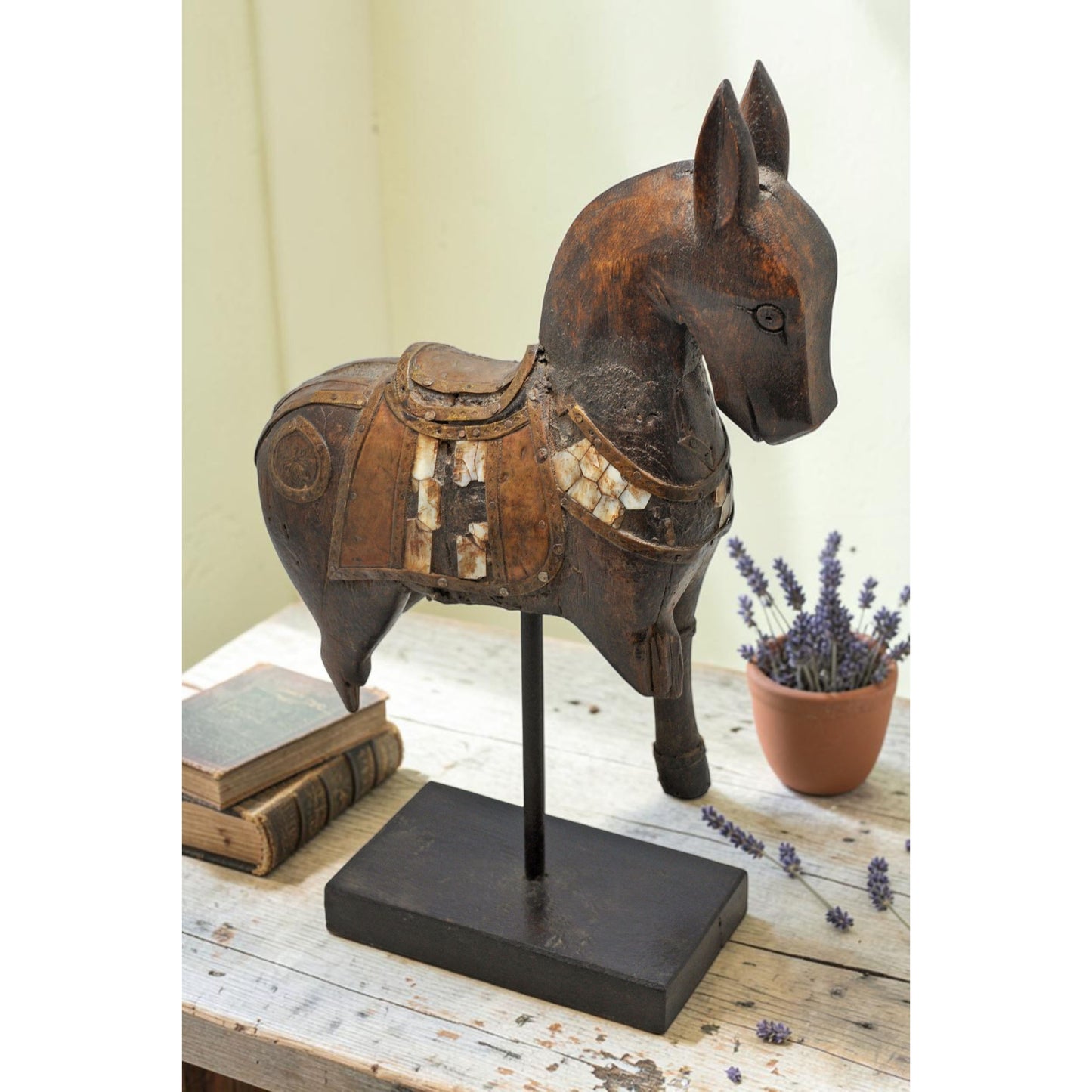 Vintage Wooden Horse Figurine on Stand Original Old Hand Carved