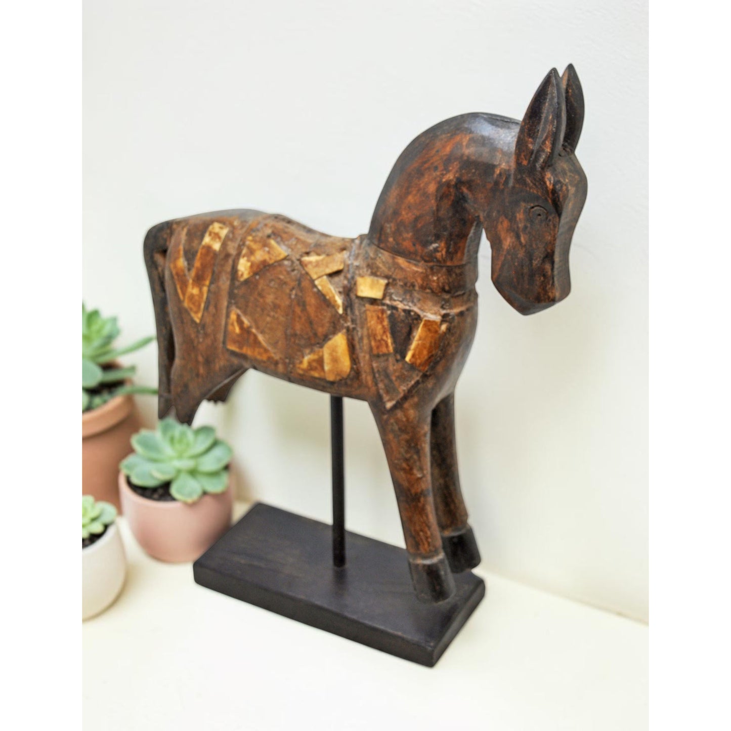 Vintage Wooden Horse Figurine on Stand Original Old Hand Carved
