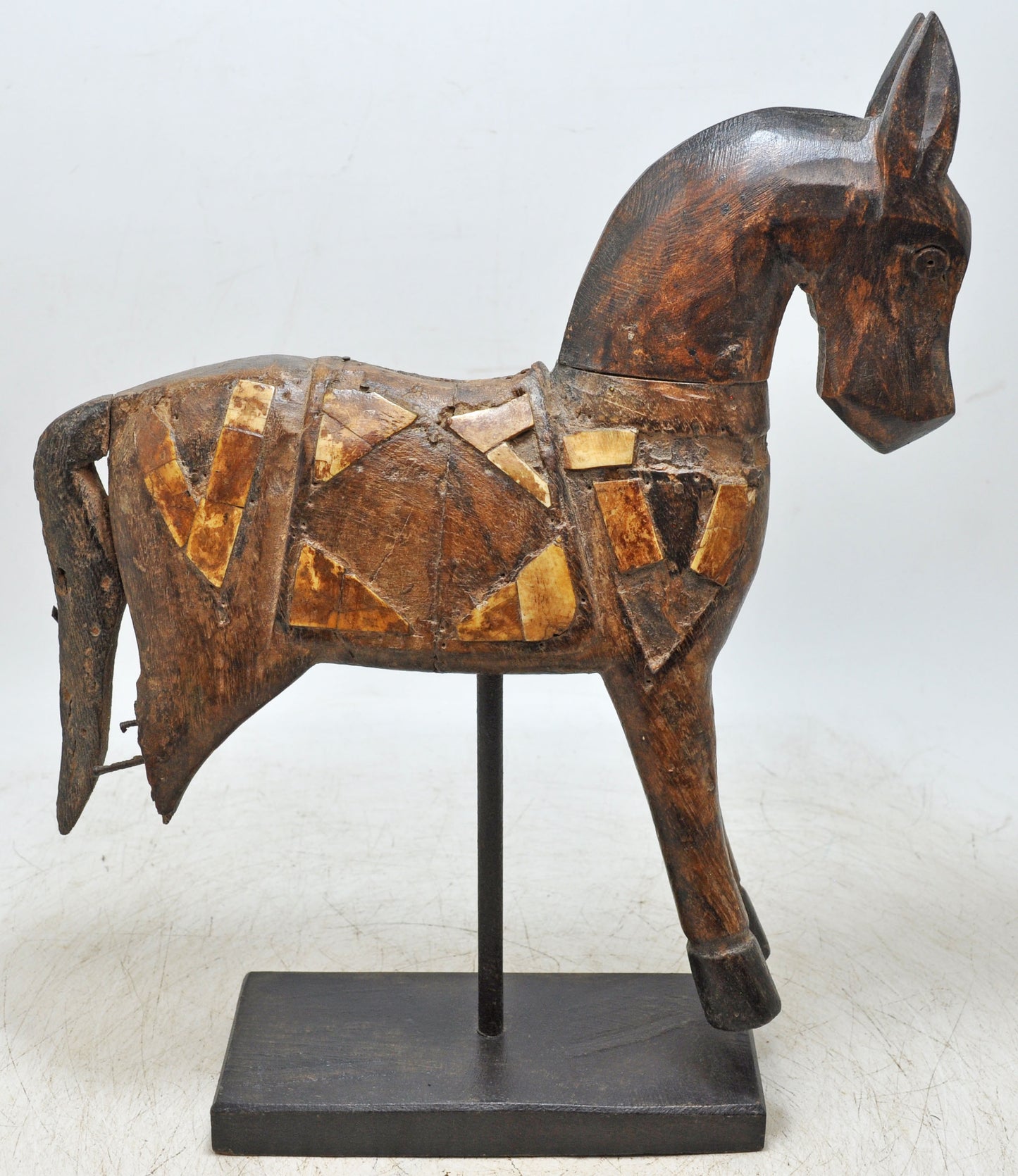 Vintage Wooden Horse Figurine on Stand Original Old Hand Carved