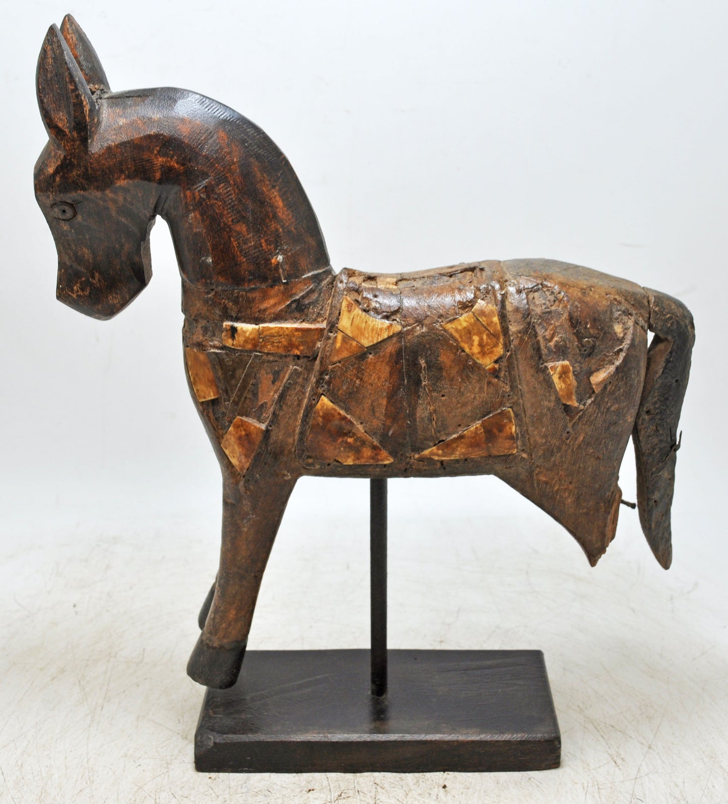 Vintage Wooden Horse Figurine on Stand Original Old Hand Carved