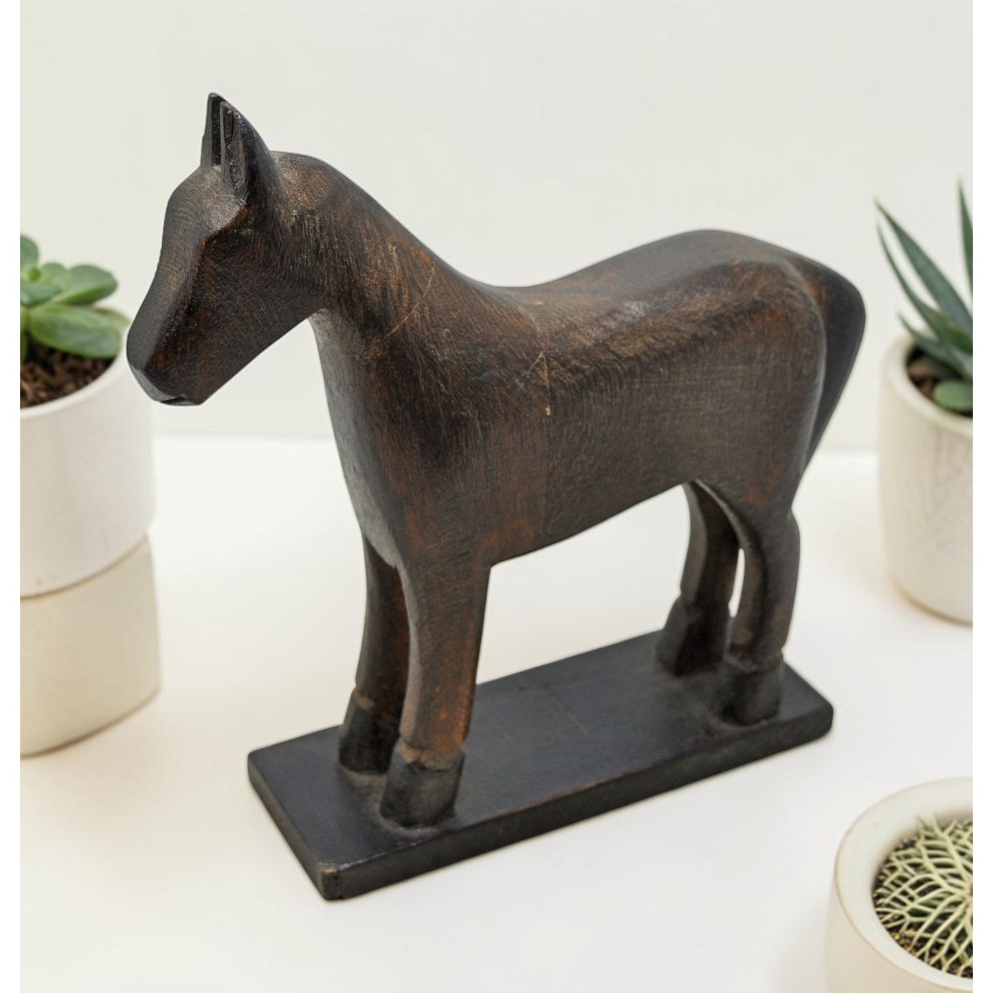 Vintage Wooden Horse Figurine on Stand Original Old Hand Carved