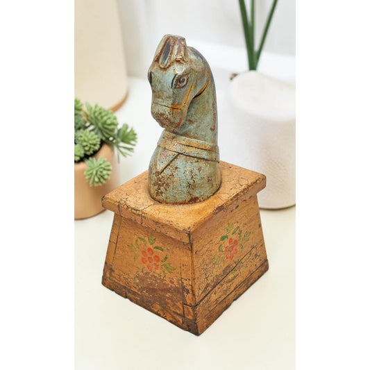 Vintage Wooden Horse Head Bust Figurine Original Old Hand Carved Painted