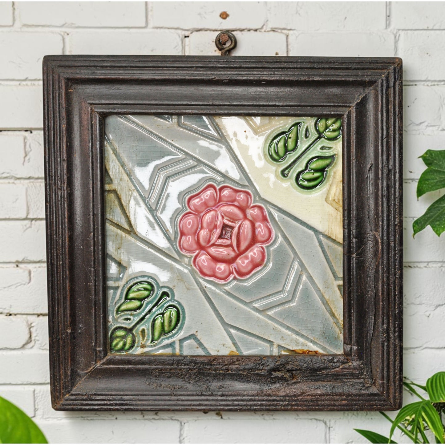 Antique Ceramic Tiles With Frame Wall Décor Original Old Hand Crafted