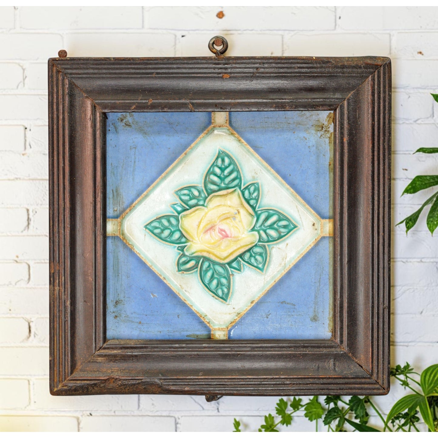 Antique Ceramic Tiles With Frame Wall Décor Original Old Hand Crafted