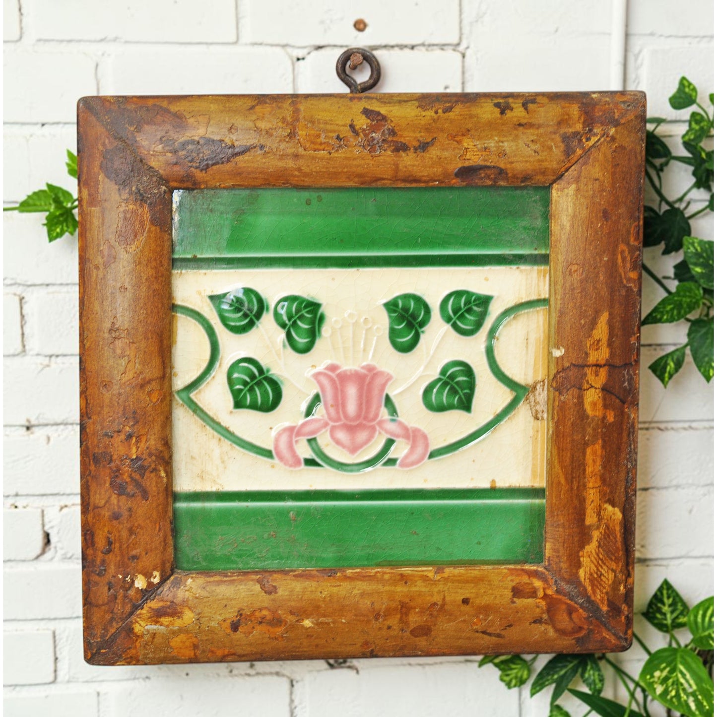 Antique Ceramic Tiles With Frame Wall Décor Original Old Hand Crafted