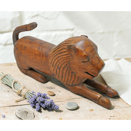 Vintage Wooden Lion Figurine Original Old Hand Carved