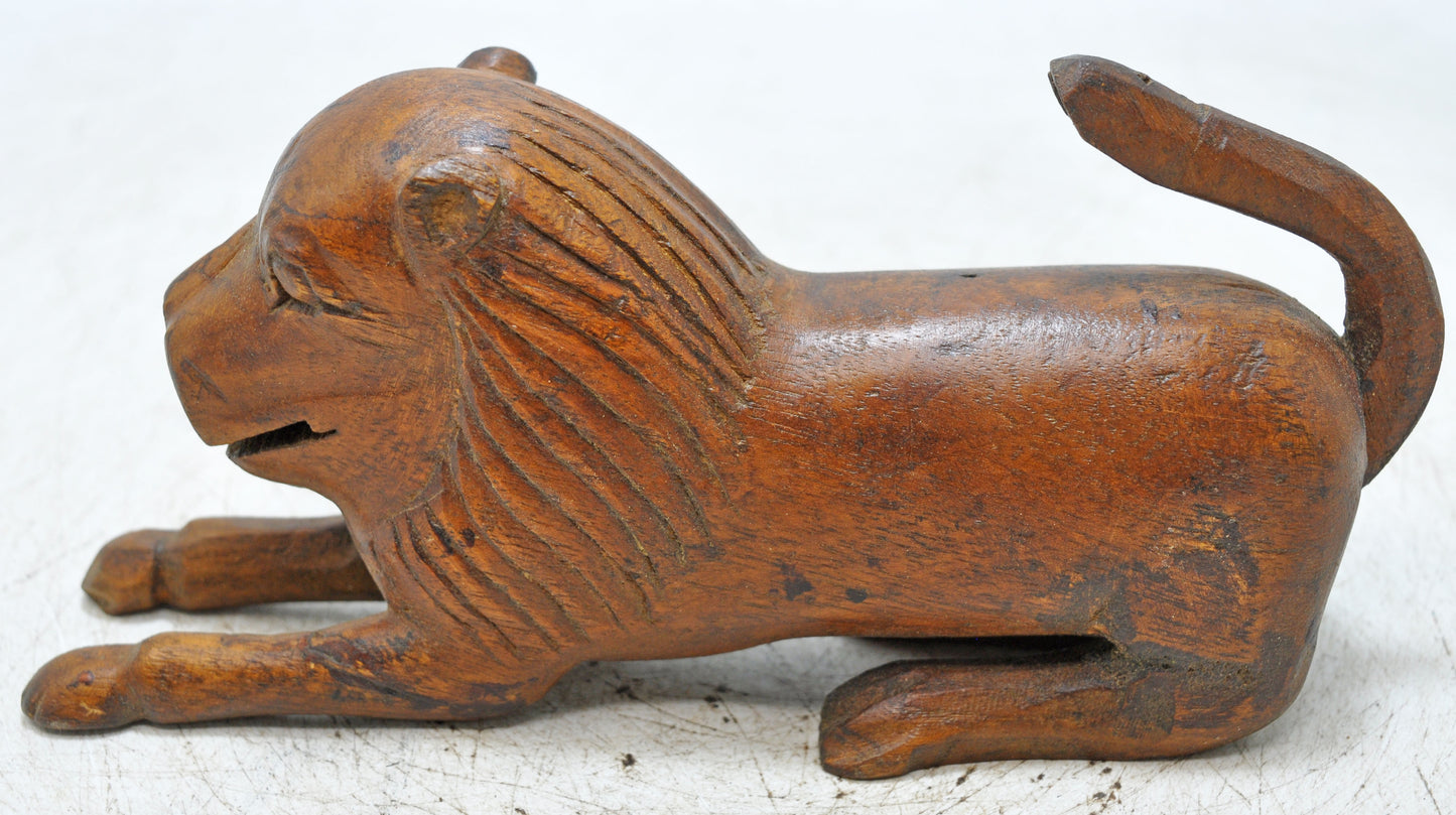 Vintage Wooden Lion Figurine Original Old Hand Carved