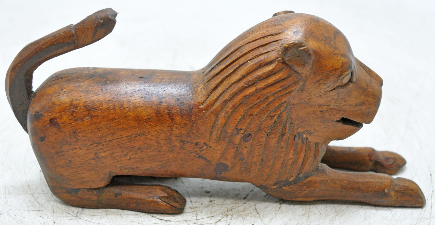 Vintage Wooden Lion Figurine Original Old Hand Carved