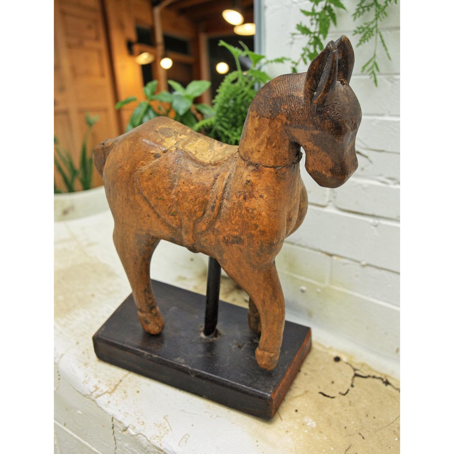 Vintage Wooden Horse Figurine on Stand Original Old Hand Carved