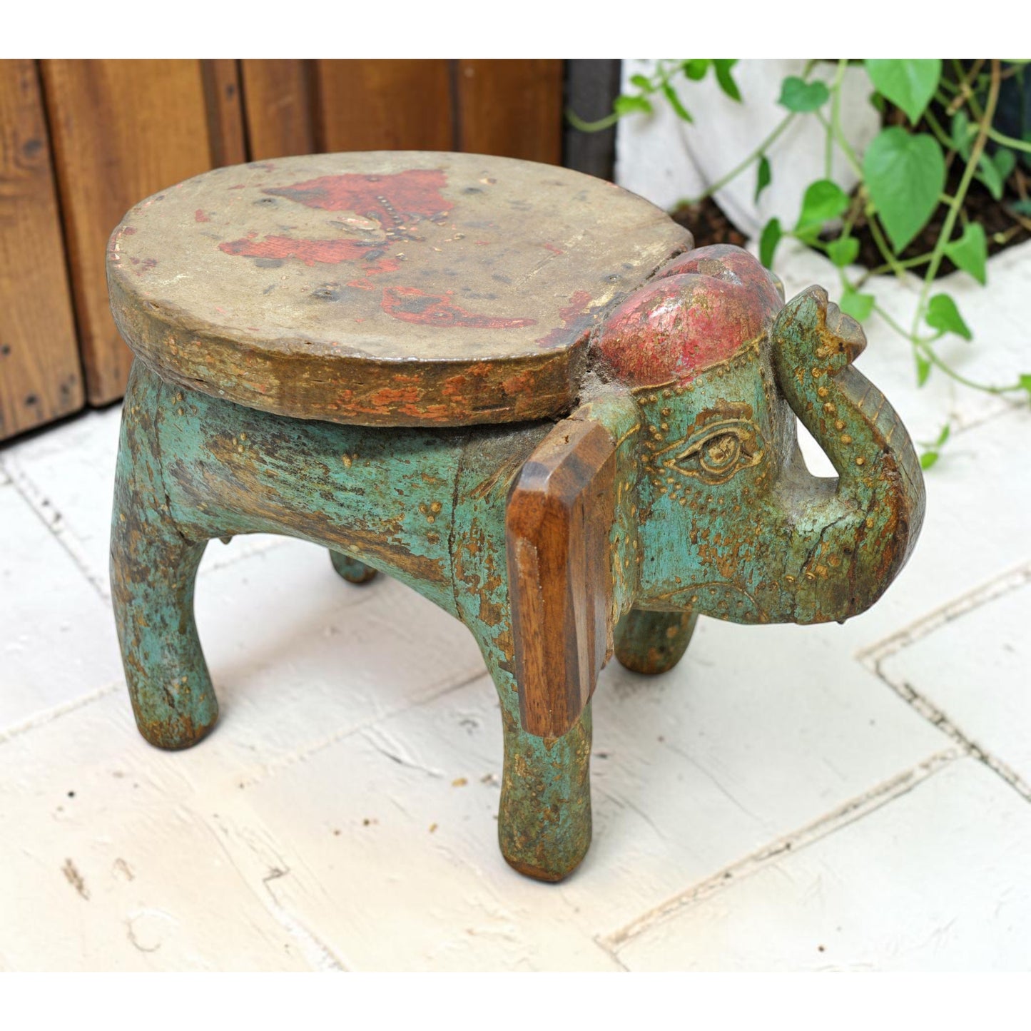 Vintage Wooden Small Elephant Figurine Table Original Old Hand Carved Painted