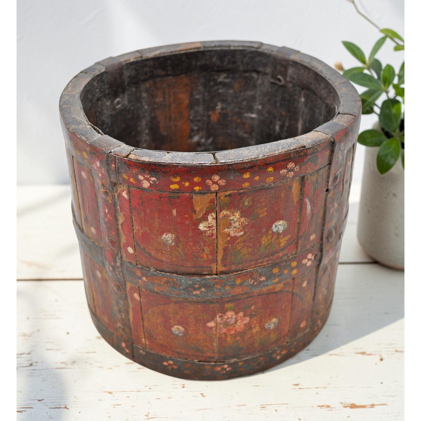 Vintage Wooden Grain Measurement Paili Pot Original Old Hand Crafted Painted