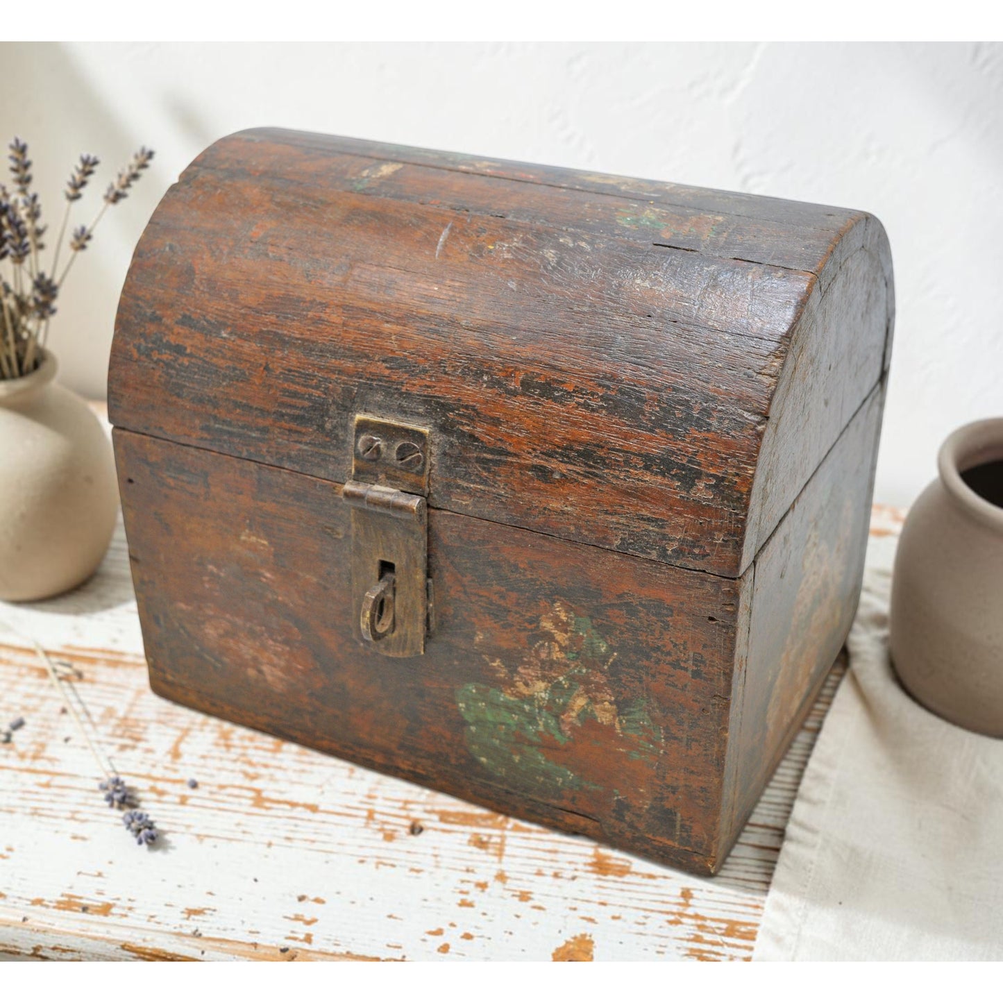 Vintage Wooden Half Round Top Storage Box Original Old Hand Crafted Painted