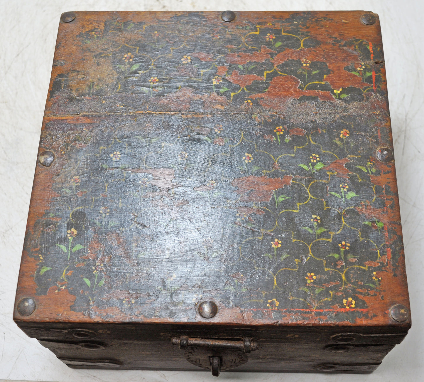 Vintage Wooden Square Storage Chest Box Original Old Hand Crafted Painted