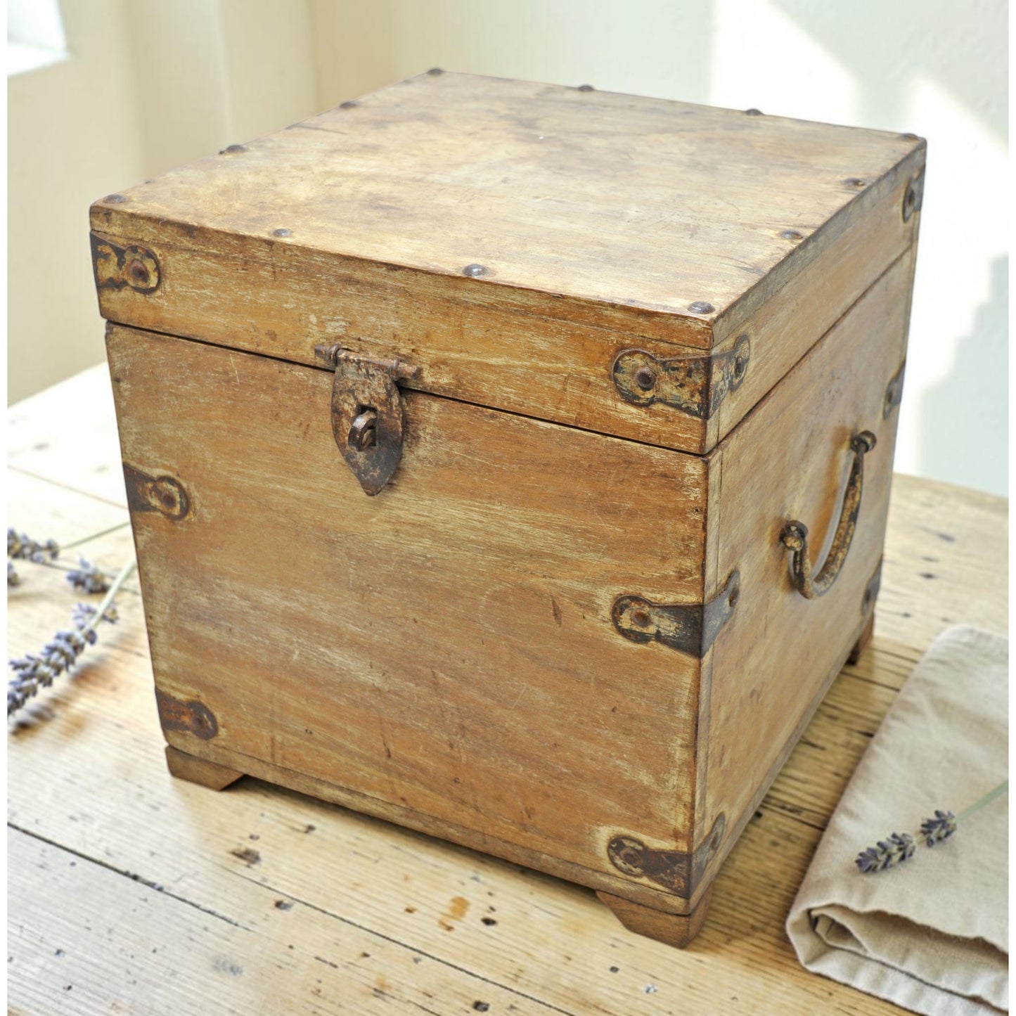 Vintage Wooden Square Storage Chest Box Original Old Hand Crafted Metal Fitted