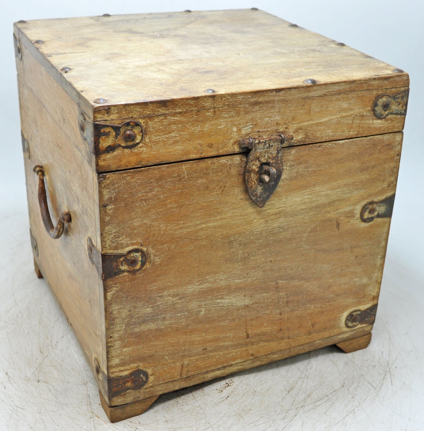 Vintage Wooden Square Storage Chest Box Original Old Hand Crafted Metal Fitted