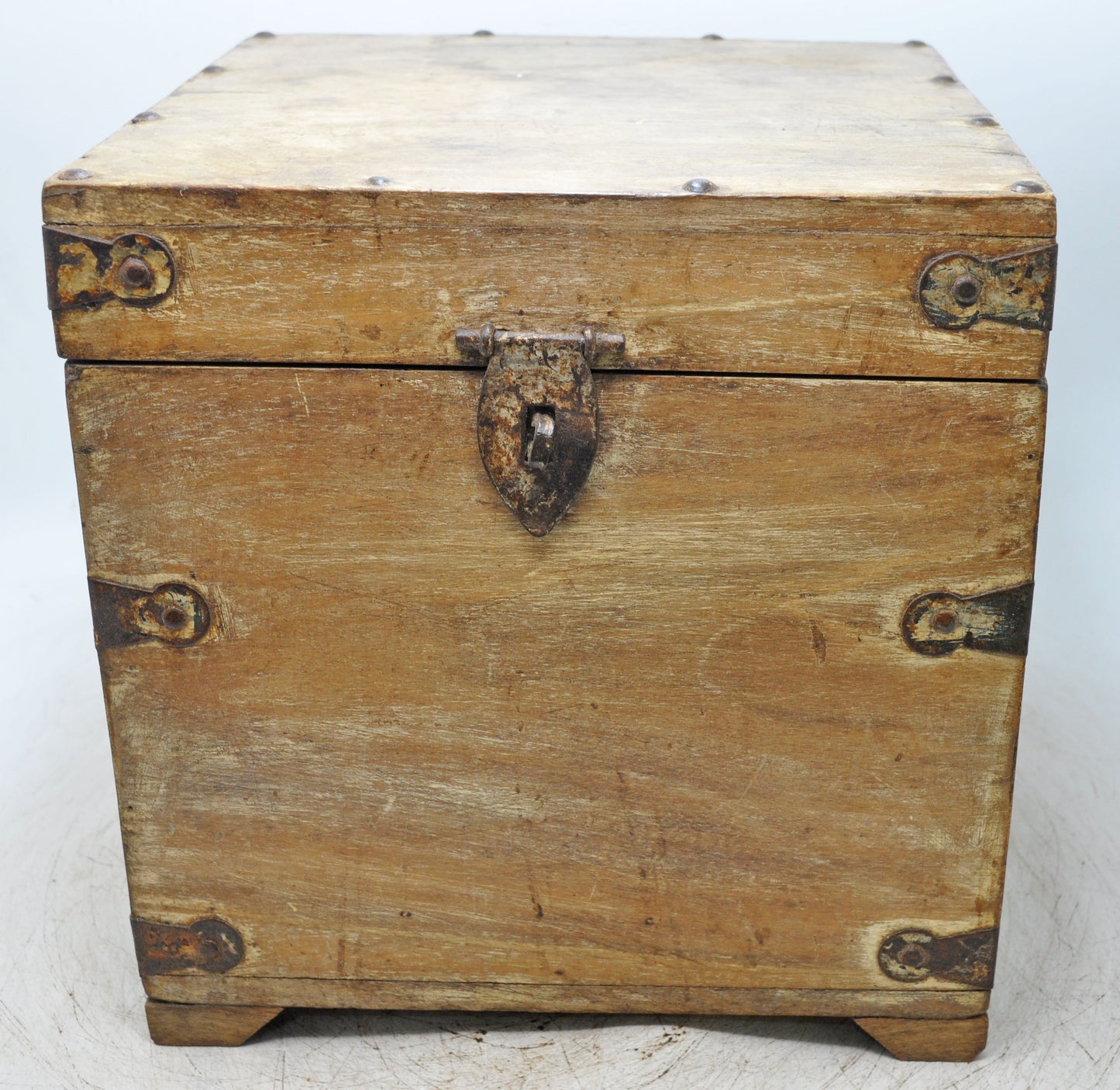 Vintage Wooden Square Storage Chest Box Original Old Hand Crafted Metal Fitted